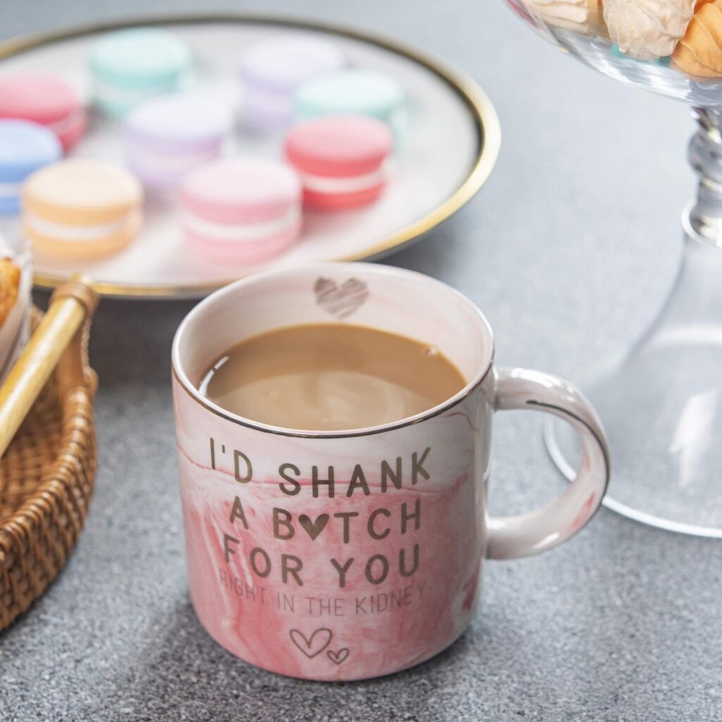 Best Friend Birthday Gifts for Women - Funny Friendship Gift for Bestfriend, Besties, BFF, Sister, Boss Woman, Big Sis, Sorority - Id Shank A Girl For You - Cute Pink Marble Mug, 11.5oz Coffee Cup