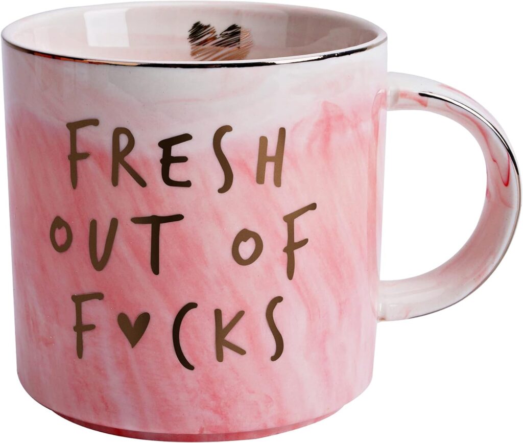 Funny Coffee Mugs Gifts for Women - Sarcastic Novelty Cups Gag Gift for Friends, Coworkers, Boss, Employee, Human Resources - Fresh Out Of - Inappropriate Cute Pink Marble Mug, 11.5oz Coffee Cup