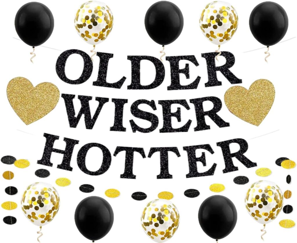 OLDER WISER HOTTER Banner Funny Birthday Party Decoration Supplies Glitter Hanging Garland Kit 10pcs Balloons Bunting 30th 40th 50h 60th 70th 80th Birthday Party Photobooth Backdrop Adult Black Gold