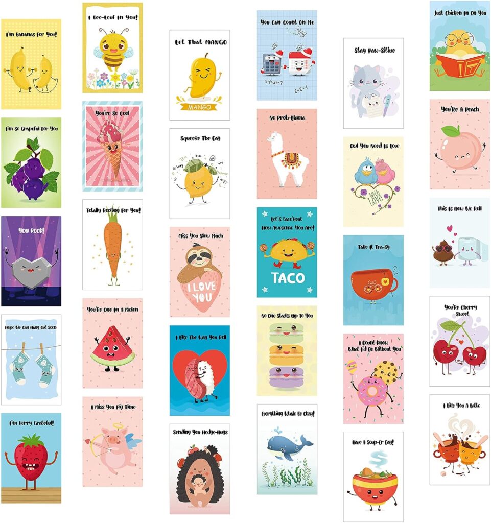 Outus 30 Pieces Funny Pun Cards Set with 30 Pieces Envelopes Funny Puns Hilarious Postcard Animals and Food Cartoon Greeting Cards Punny Puns Note Cards for Friends, Birthday