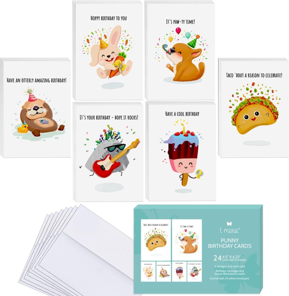 T MARIE 24 Funny Notecards and Envelopes Set - Blank Thinking of You Note Cards for Kids, Friends, Students, Camp Cards and More - Say Hello, Thank You or I Miss You with Funny Greeting Cards