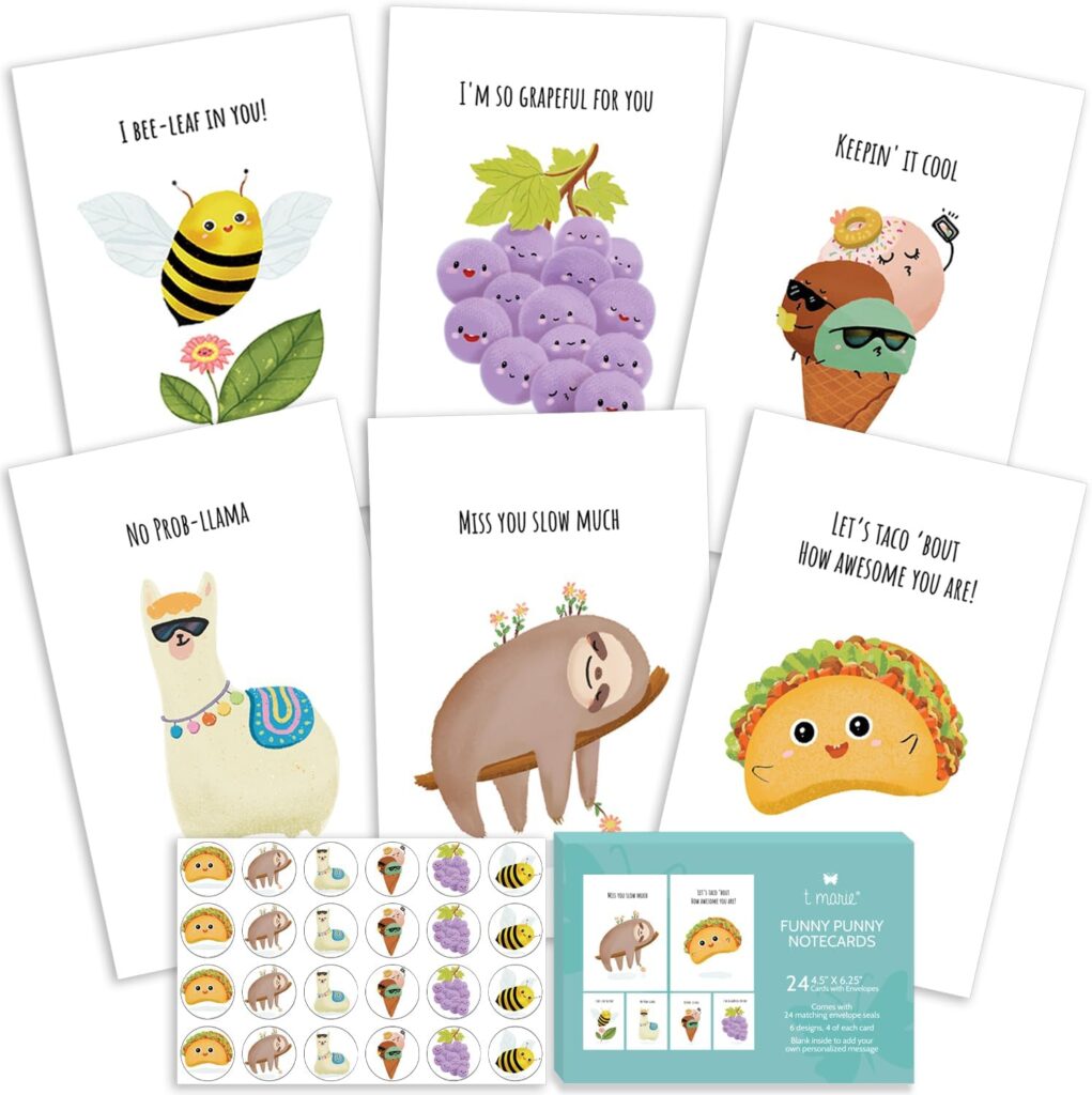 T MARIE 24 Funny Notecards and Envelopes Set - Blank Thinking of You Note Cards for Kids, Friends, Students, Camp Cards and More - Say Hello, Thank You or I Miss You with Funny Greeting Cards