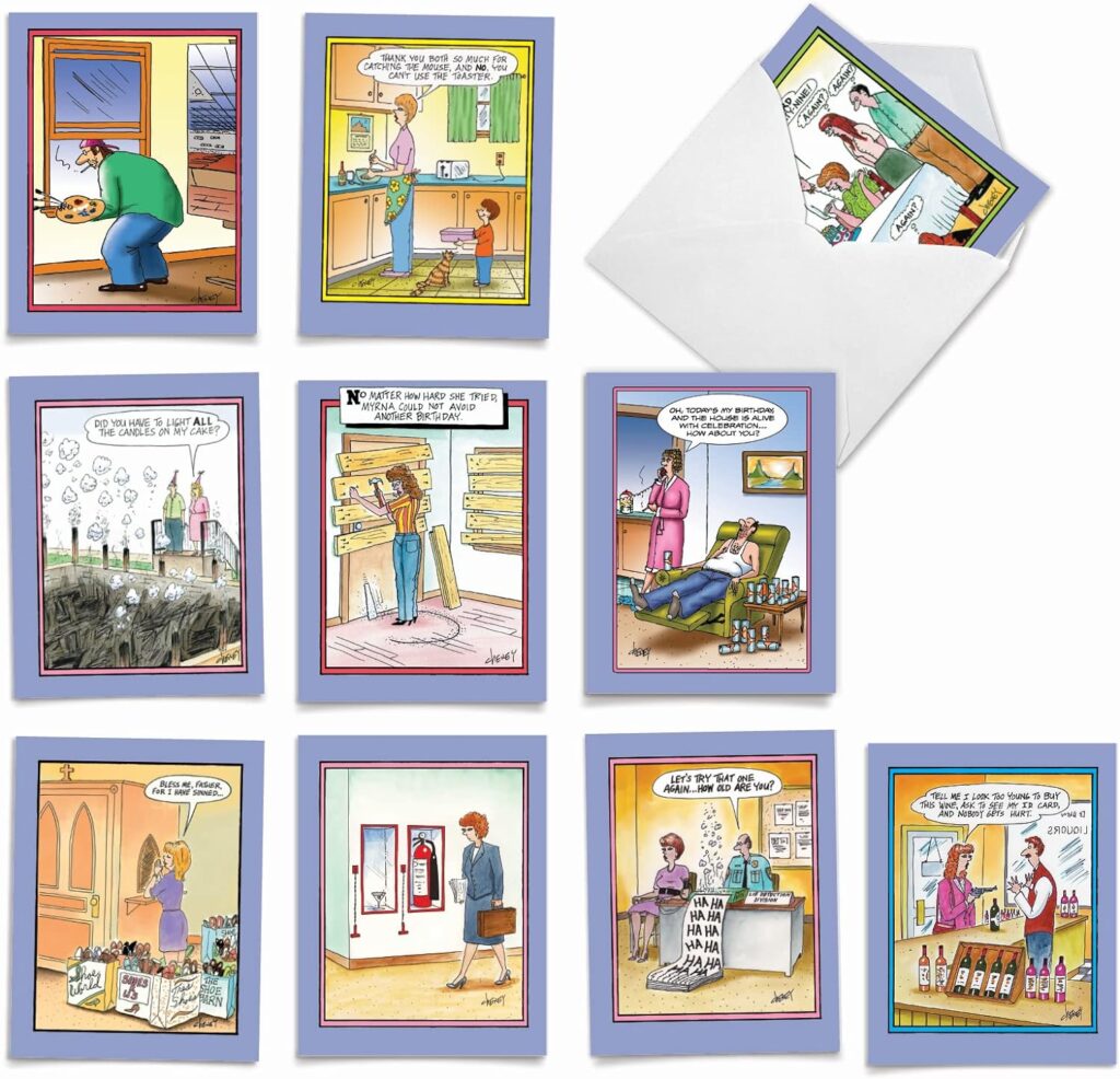 The Best Card Company - 10 Funny Assorted Blank Humor All Occasions Notecards Boxed Set 4 x 5.12 Inch w/Envelopes Cute Word Play for Men, Women (10 Designs, 1 Each) - Fun Puns M2975OCB