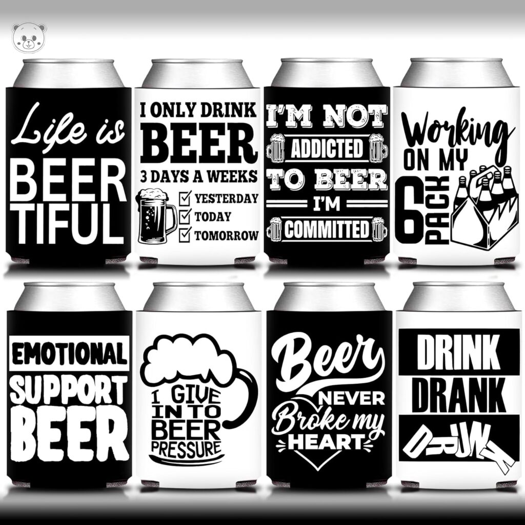 12 Pcs Beer Theme Party Can Coolers - Funny Black and White Can Sleeve for Hangover Party Decorations Supplies