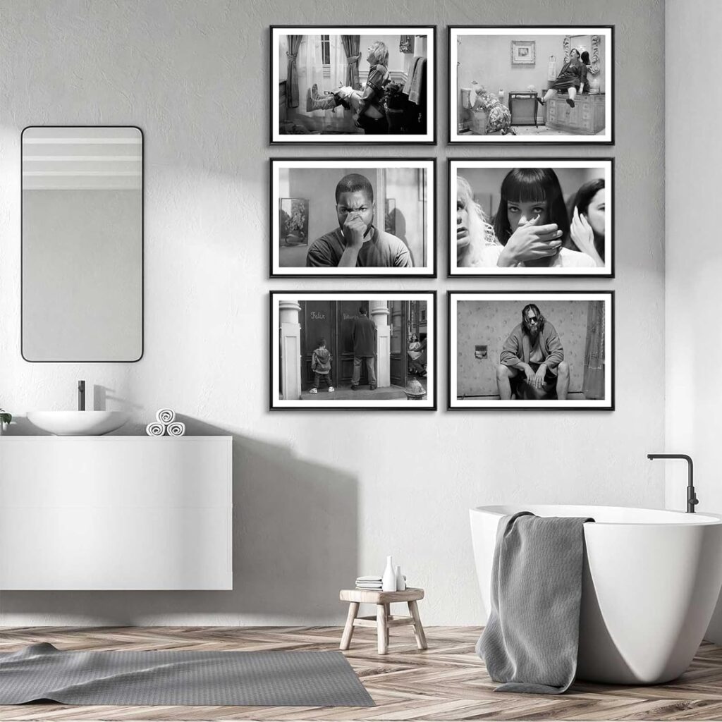 6Pcs Funny Bathroom Wall Art Dumb And Dumber Movie Scenes Bathroom Canvas Posters Prints Set Black and White Toilet Humor Wall Decor Pictures, Unframed