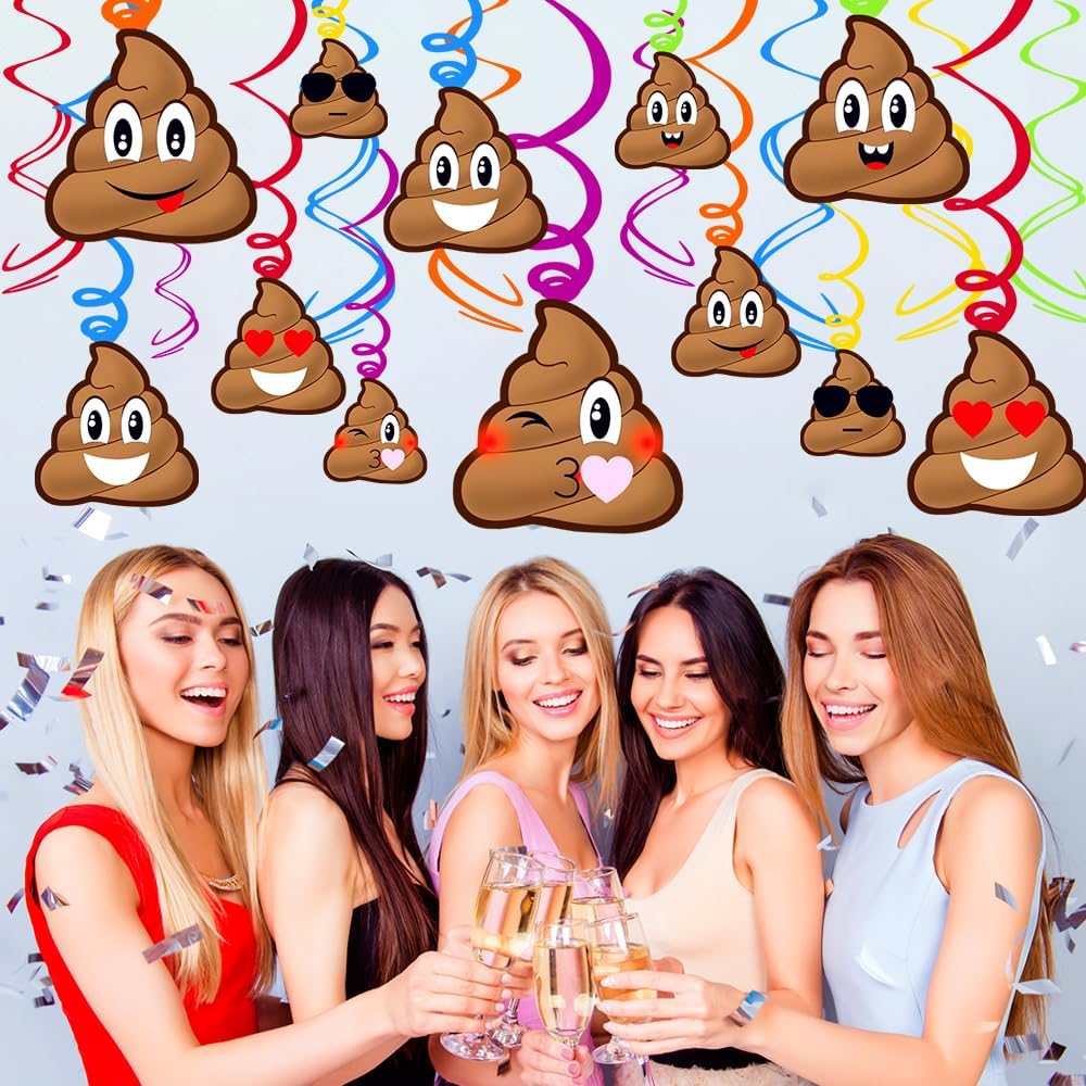 Funny Poop Emoji Party Hanging Swirls, 24 PCS Emoji Foil Hanging Banners for Adults Kids Birthday Party Decorations, Retired 50th 60th 80th Party Favors Decor Supplies