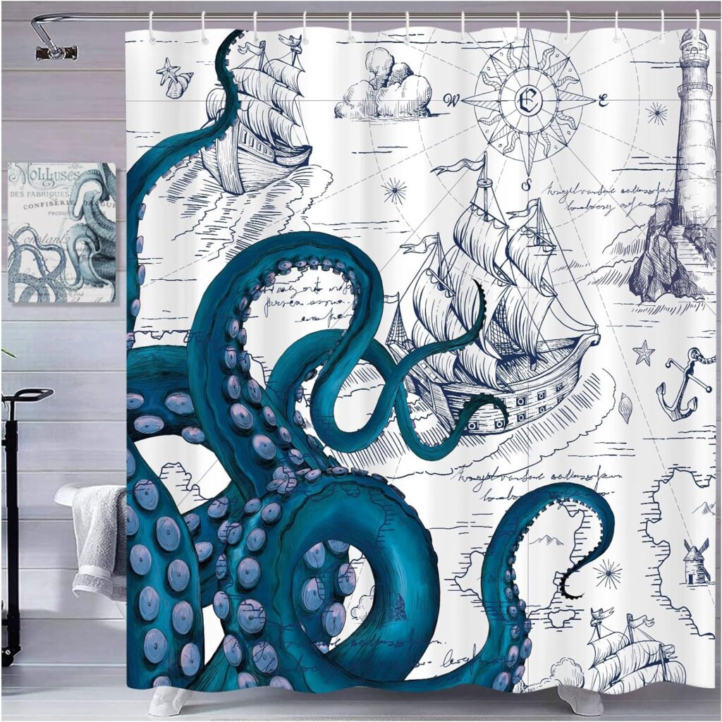 Nautical Blue Shower Curtain - Octopus Lighthouse Sailboat Beach Ocean Bathroom Decor - Funny Waterproof Fabric Shower Curtain Set with Hook (72x72, Navy Blue)