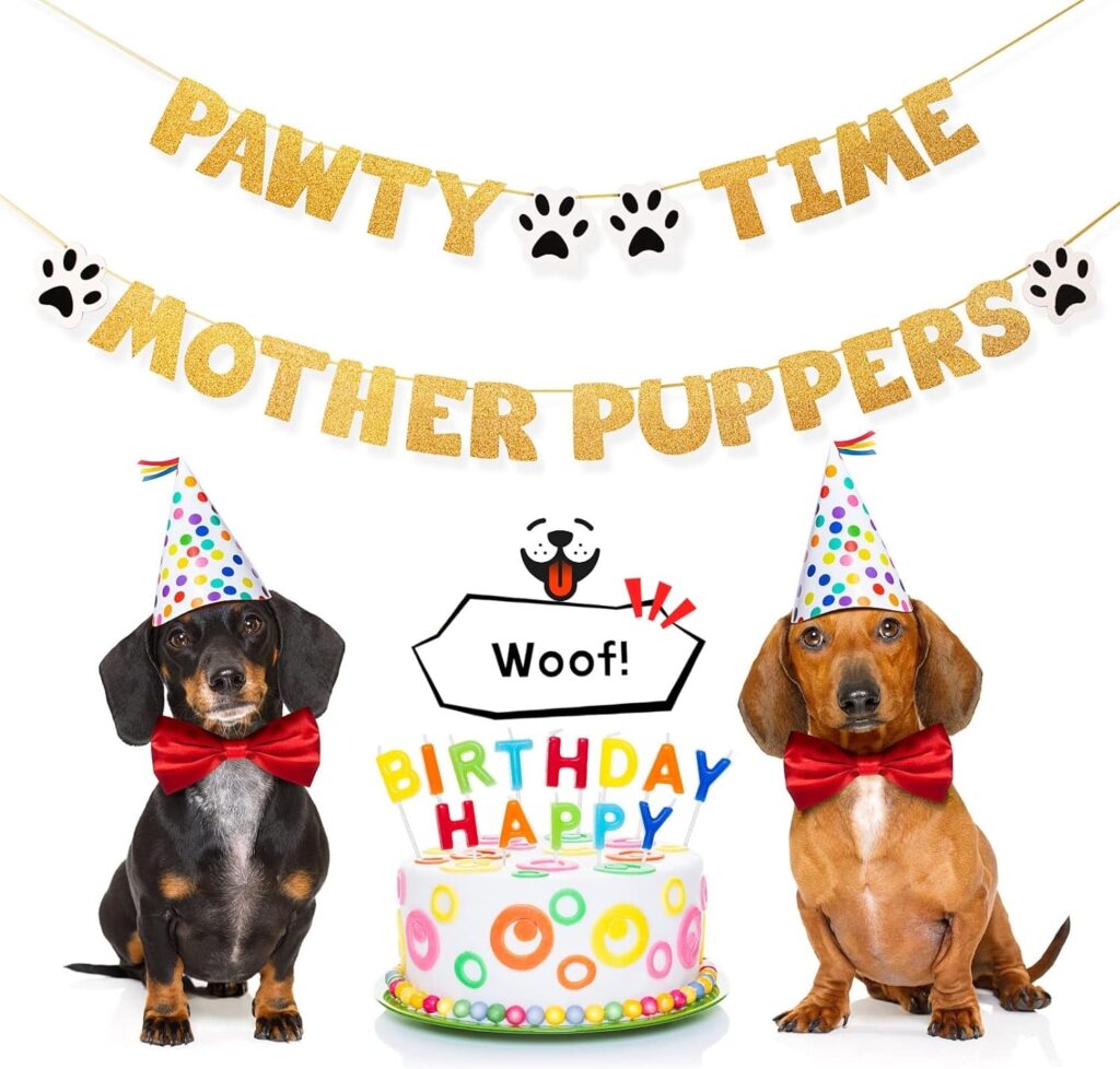 Pre-Strung Lets Pawty Dog Birthday Party Supplies, Pawty Time Mother Puppers,Funny Gold Glitter Puppy Dog Birthday Banner For Party Decorations Girl Boy, Cute Puppy Pets Paw Pennant Sign Deco